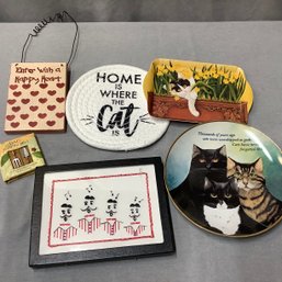 Mix Decor Lot, Cat Tray, Cat Plate, Singing Quartet Art, Tiny Dad Book, Heart Sign And Cat Trivet