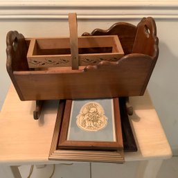 Hand Made And Signed Wood Doll Cradle, Christmas Crate, Framed Art