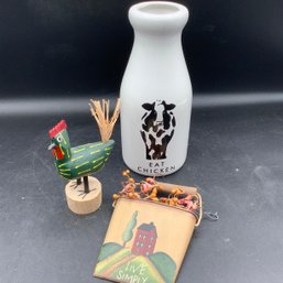 3 Small Farmhouse Decorations. Farmhouse Tin Refrigerator Magnet, Wooden Chicken And 'Eat Chicken' Milk Bottle