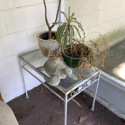 Rectangular Iron Side Table With Plants & Resin Turtle Sculpture