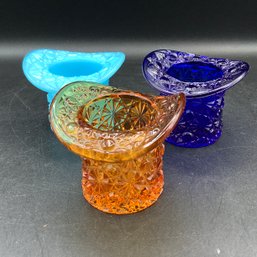 3 Mini Fenton Glass Top Hat Toothpick Holders, Amber, Blue Milk Glass And Cobalt Blue