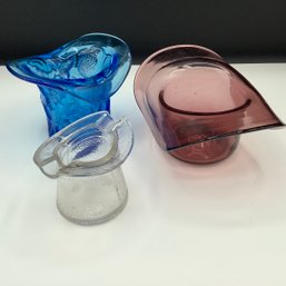 3 Art Glass Top Hats, Cobalt Cambridge Glass NEARCUT Strawberry Pattern Ca 1916, Ashtray And Mauve Hat