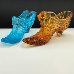 Pair Of Fenton Slipper Shoes. Amber Cathead Hobnail & Blue Daisy And Button Shoe