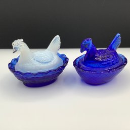 2 TINY Hen On Nest, One All Cobalt Blue, One Cobalt And Opalescent Milk Glass With Blue Undertones