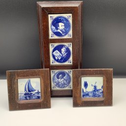 Set Of 3 Tiny Framed Blue And White Porcelain Art Tiles, Made In Holland