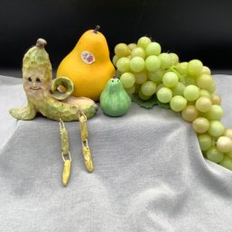 Fruit Decor, Faux Pear, Pear Salt Shaker, Rubber Grapes And Banana Shelf Sitter With Dangly Legs And Face