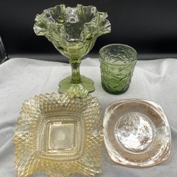 Tinted Etched Depression Glass Set, Green, Yellow, Peach
