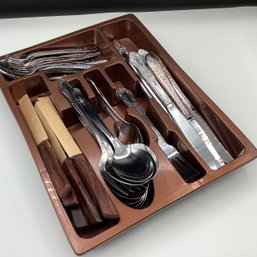 Bronze Colored Cutlery Tray With Everyday Oneida Flatware, New England Silver Plate, And Japanese Knife Set