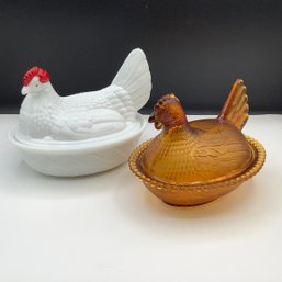 Pair Of Hen On Nest, Indiana Amber Glass And Authentic Westmoreland Milk Glass Hen On Basketweave Nest