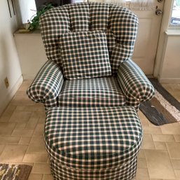 Broyhill Easy Chair With Ottoman, Madras Plaid,  Tufted Back, Matching Pillow