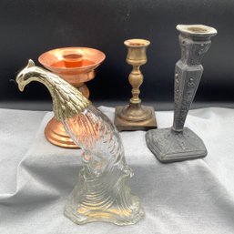 3 Candlesticks: One Early Victorian W/ Removable Cup, & Avon Bird Of Paradise Empty Perfume Decanter