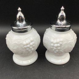 Vintage Imperial Glass Milk Glass Salt And Pepper Shakers With Grape Design