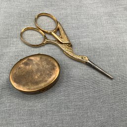 Vintage Brass Pill Box And Italian Stork Embroidery Scissors