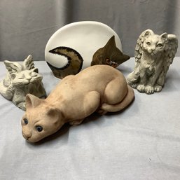 2 Artist Made Angel Cat Sculptures, Life-size Realistic Concrete Cat Made In England & Ceramic Cat Planter