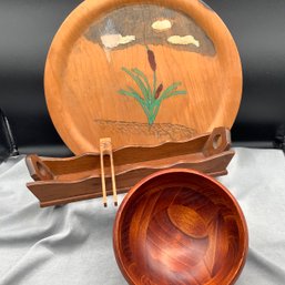 MCM Serving Tray, Wood Utensil Tray, Wooden Bowl And Handcrafted Oak Magnet In Shape Of Clothes Pin