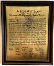 Declaration Of Independence Engraved Brass Plaque Framed In Wood