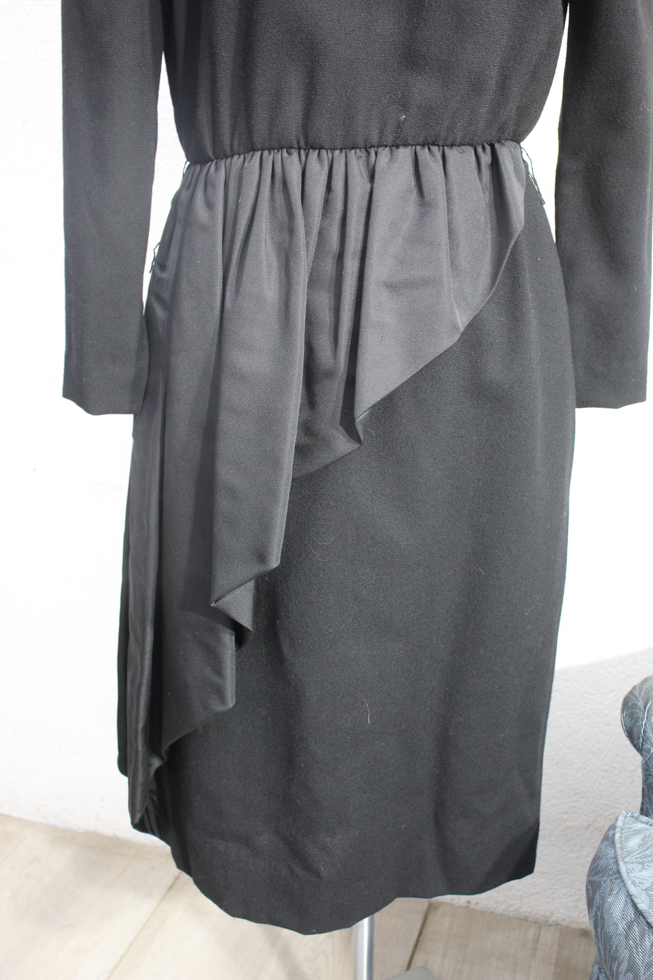 1980's Bill Blass Black Wool Cocktail Dress Taffeta Peplum Long Sleeves ...