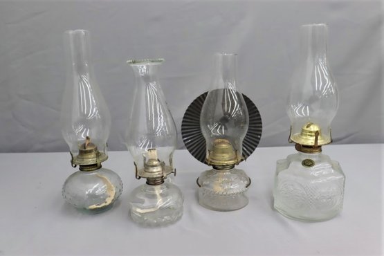 Group Lot Of 4 Glass Hurricane Shade Oil Lamps, Some From Lamplight Farms