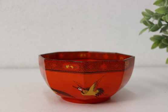 Antique Shelley Bone China Scarlet/Red Storks Pattern Octagonal Bowl,  England #724-8590