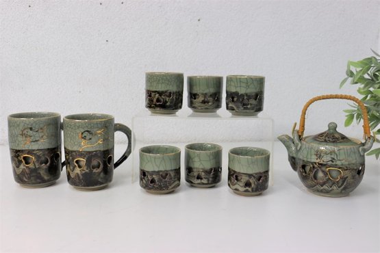 Japanese Celadon And Gold Heart Pierced Tea Set - Tea Pot, 6 Cups, 2 Handles Mugs