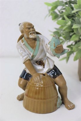 Chinese Fisherman With Fish And Basket Mud Man Figurine