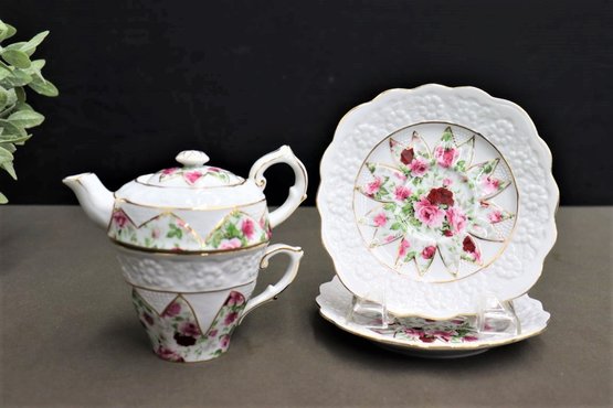 Nantucket Home Chinese Porcelain Tea Pot/Cup And 2 Plates