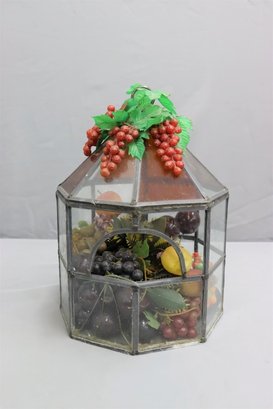 Decorative Leaded Glass Terrarium With Faux Christmas Fruits In Side And Holly Berries Atop