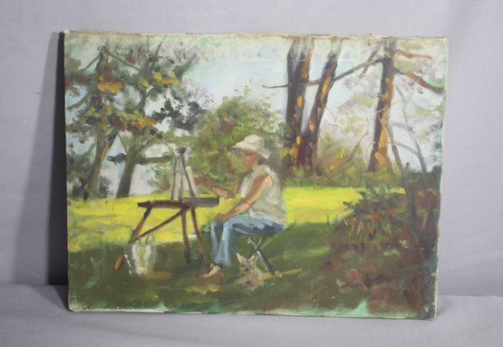 Vintage Artist At Work Oil Painting-unsign