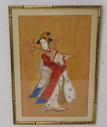 Geisha With Cherry Branch Pastel Drawing, Faux-gilt Bamboo-style Frame