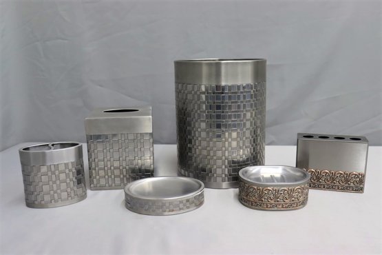 Group Lot Of Bathroom Accessories In Metal Basket Weave And Bronze Tone Scroll