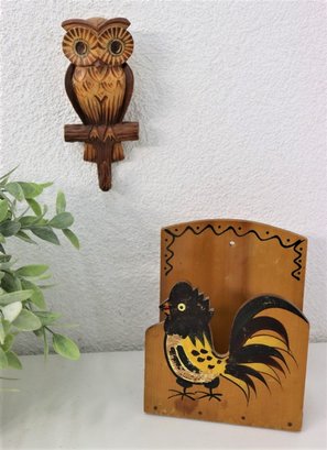 Rustic Craft Wooden Hungarian Wall Owl With Hook And Painted Chicken Letter Holder