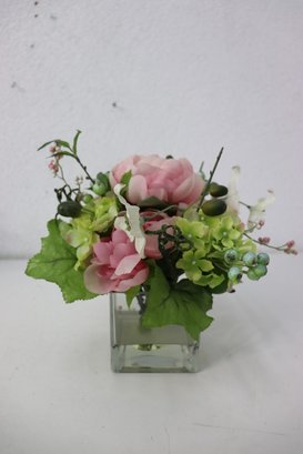 Artificial Common Peony Bouquet In Square Glass Vase