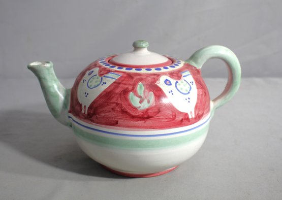 Solimene Vietri Campagna Chickens Teapot  Red With Blue Dot Border