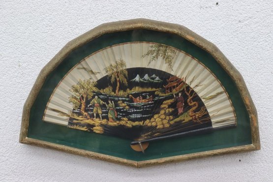 Vintage Oriental Hand Painted Fan In Case