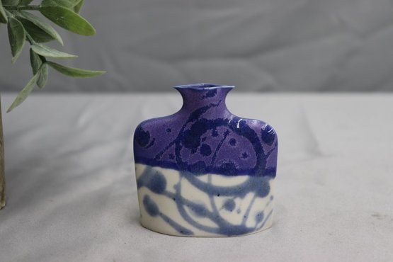 Earth Sky Pottery ESP Handmade Slab Signed Bloom Blue Art Pottery Mini Vase