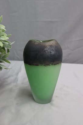 Vintage Signed  Frosted Green Glass Vase With Silver Overlay