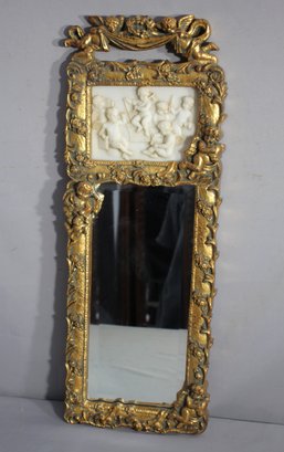 Ornate Gold Gilded Mirror With Marble Relief Of Playful Cherubs