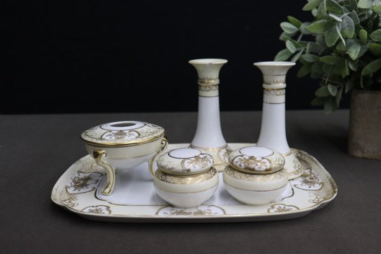 Vintage Japanese Porcelain 6 Piece Vanity  Set With Raised Gold Scrollwork & Floral Design