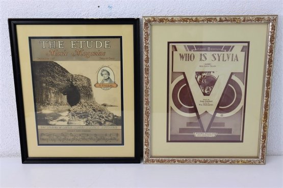 Two Framed Vintage Music Decorative Covers - Etude Magazine AND Who Is Sylvia Sheet Music
