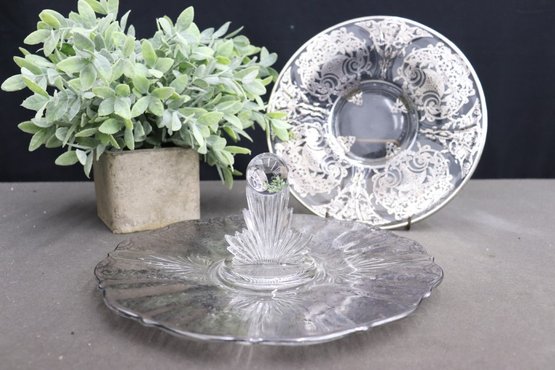 Two Silver Overlay Centerpiece Round Servers: Flame And Ball Center Handle Server And Broad Rim Tray