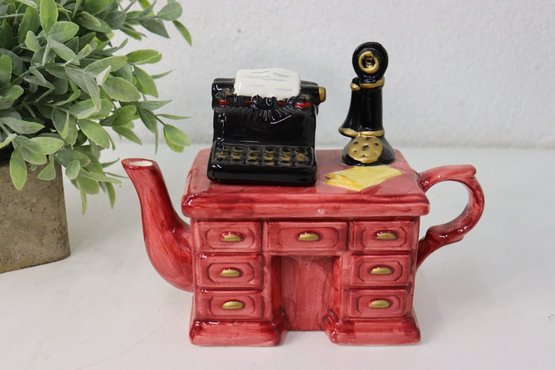 Miniature Novely Teapot Office Desk With Typewriter And Phone