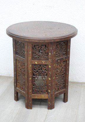 Antique Hand Carved Moorish Octagonal Table With Brass Inlay