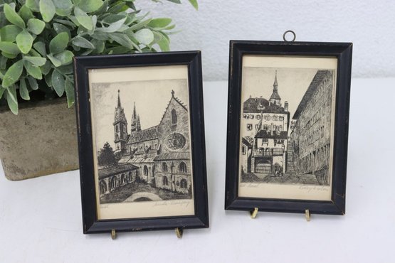 Two Vintage Pencil Signed  Cityscape Etchings: Muenster-kreuzgang Basel And Alt-basel