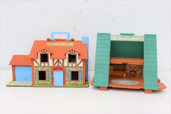 Two Vintage Fisher-Price Little People Play Houses: A-Frame Cabin And Red Roof Tudor House