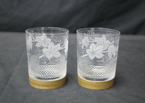 Pair Of Antique French Crystal Old Fashioned Rocks Glasses With Grape Leaf Etchings And Gold Encrustation