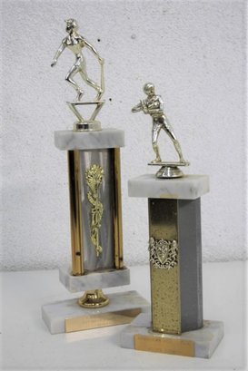 Two Tall Column Marble Base And Plastic Baseball Trophies (one Is Missing Bat)
