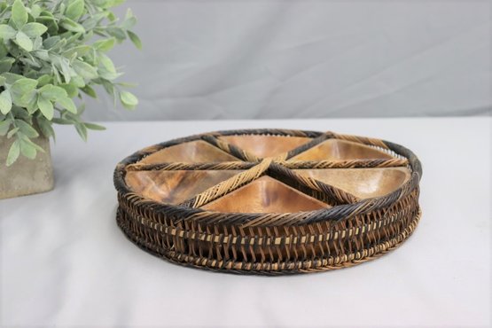 Vintage MCM Woven And Wooden Party Platter/Serving Tray