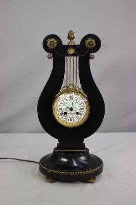 Vintage Wood And Brass Lyre Clock With Hand Painted Porcelain Face-working Condition