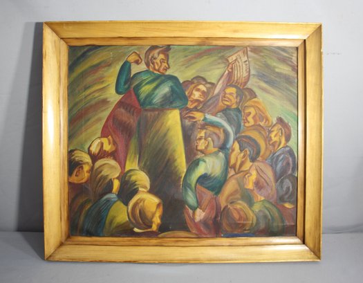 Vintage Expressionist Oil Painting On Canvas - Dynamic Crowd Scene