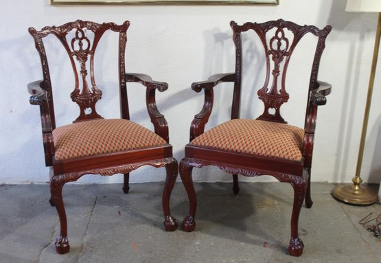 Pair Of Exquisite Chippendale Solid Mahogany Armchairs